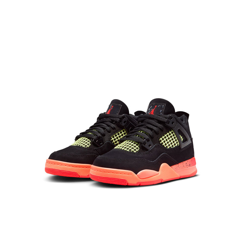 Kids retro 4 sneakers, black upper with neon green grid accents and bright red outsole