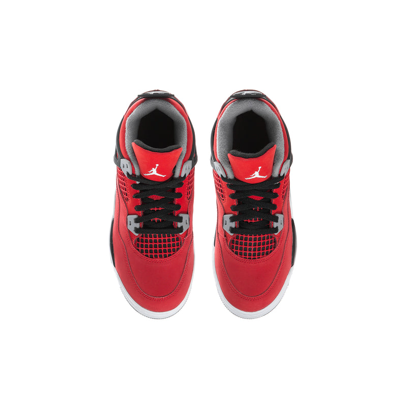 Kids red low-top sneakers with black lace-up panel and white/gray interior lining
