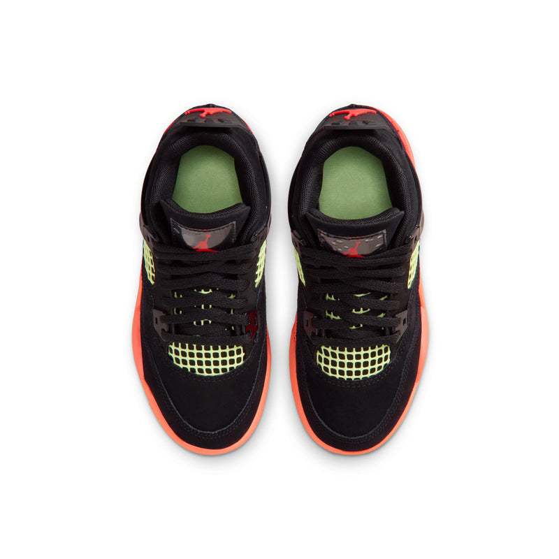 Pair of kids retro 4 sneakers, black with neon green toe netting and red-orange trim