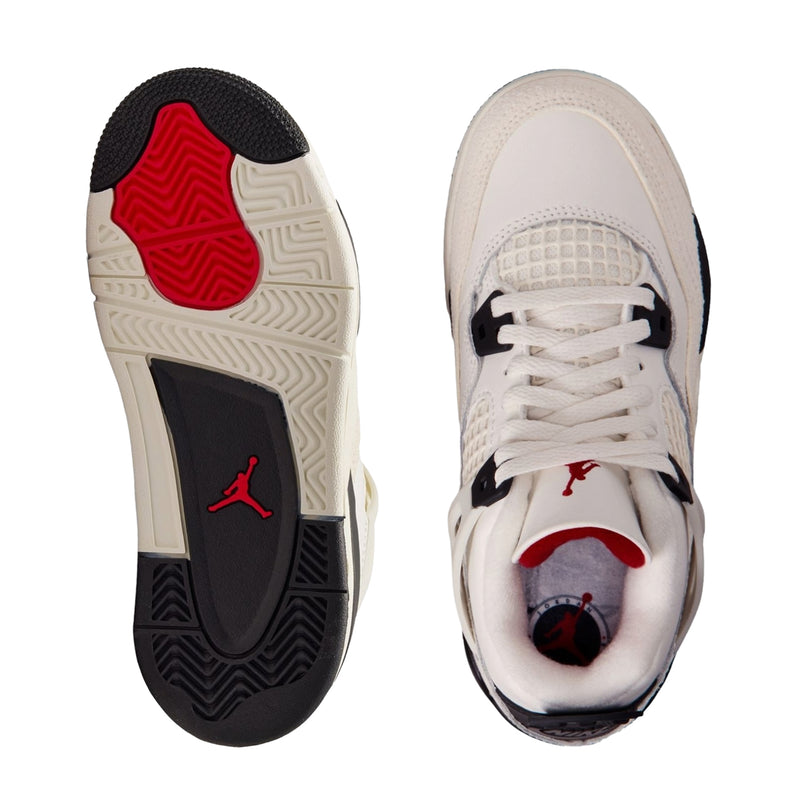 Kids sneaker outsole and top view with white upper, black details, red logo