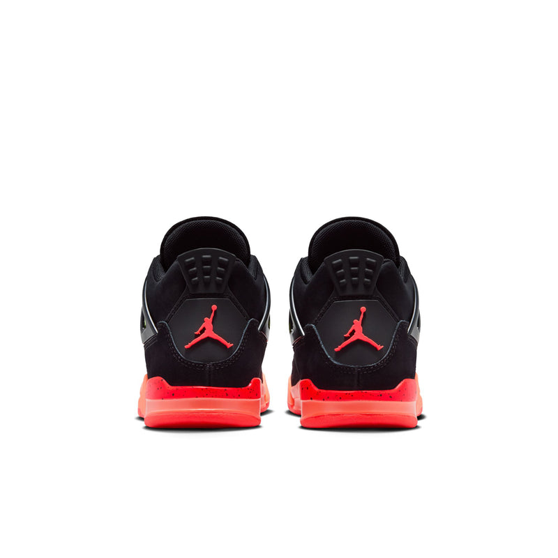 Kids retro 4 heel view, black with red Jumpman logo and bright orange sole