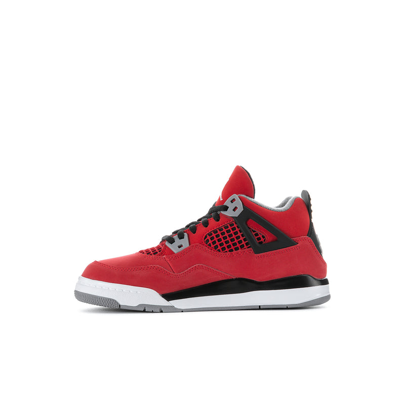 Kids red low-top sneakers with black side logo and white midsole