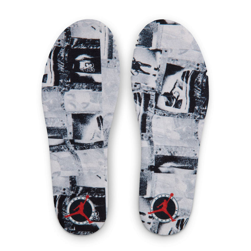 Kids sneaker insoles with black-and-gray graphic pattern and red Jumpman