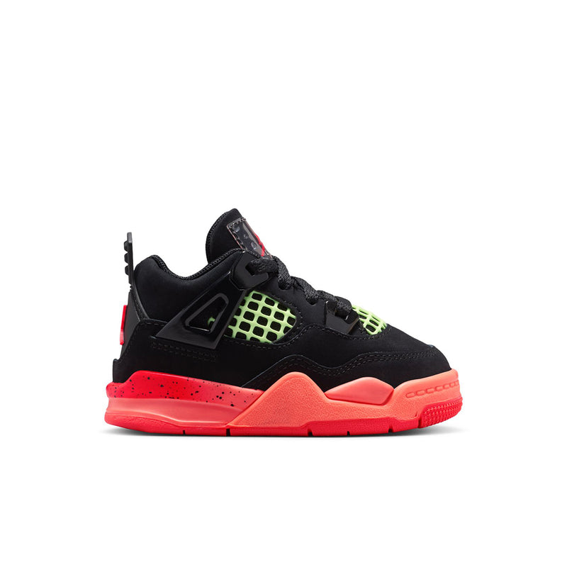 Toddler black sneakers with neon green cage and red accents, side view
