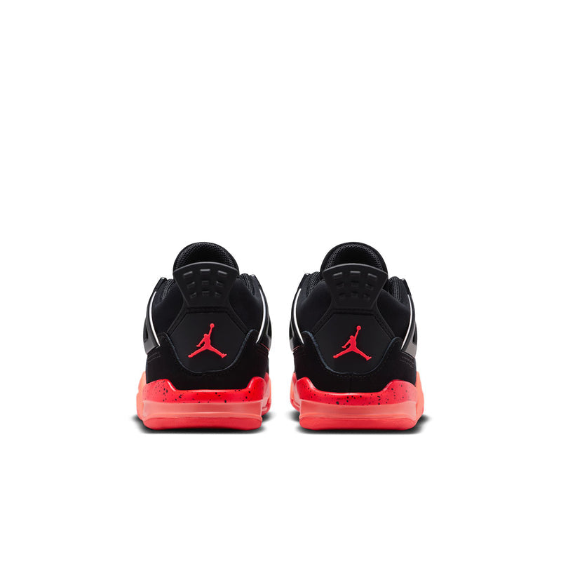 Toddler black sneakers with red Jumpman heel logo and bright red sole, back view