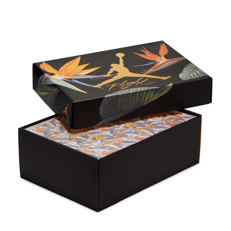 Retro 4 shoebox with black lid and colorful tropical silhouette graphic