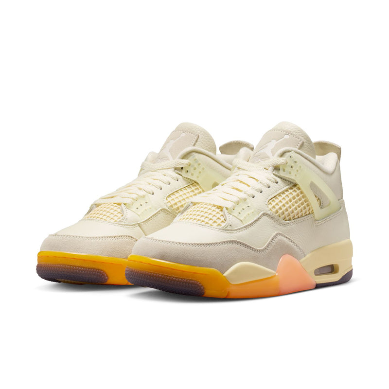 Women’s Retro 4 sneakers, side view with lace-up upper and orange-accented outsole