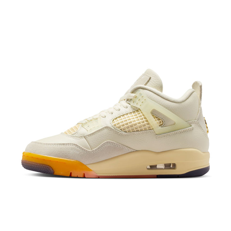 Women’s Retro 4 sneakers, angled side profile with mesh overlay and orange heel trim