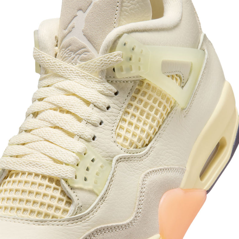 Women’s Retro 4 upper close-up with lace rows, mesh overlay, and beige side panel
