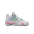 Youth sneakers in white with light blue, green, and pink accents; lace-up, air-style sole.