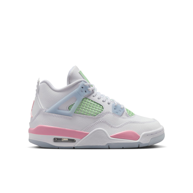 Youth sneakers in white with light blue, green, and pink accents; lace-up, air-style sole.