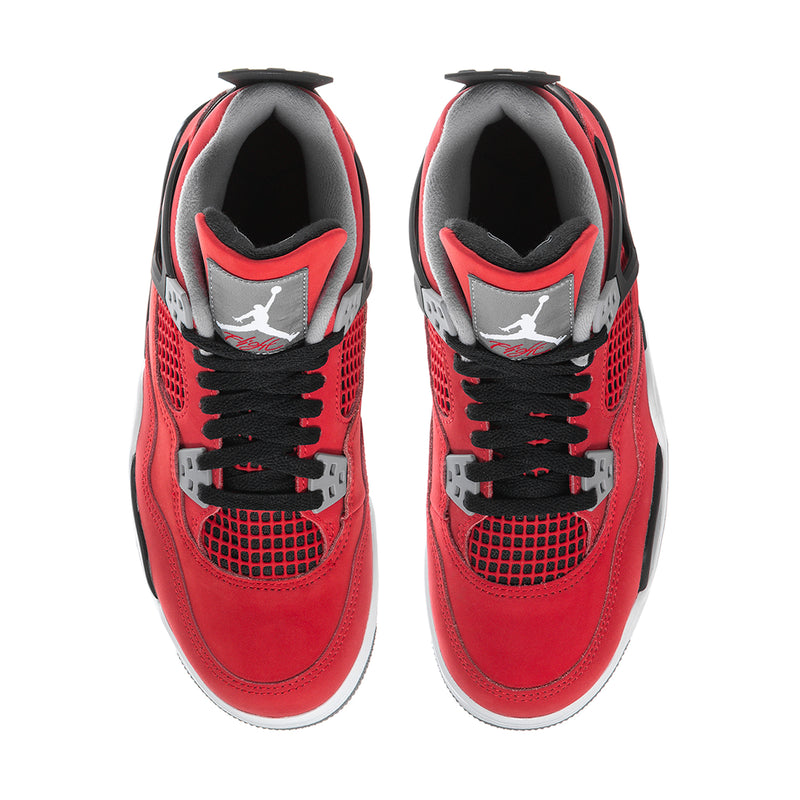Youth red suede sneakers with black laces, mesh toe panel, padded collar