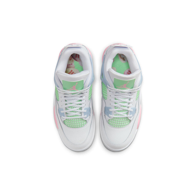 Pair of youth sneakers, front view: white upper with green mesh, light blue accents, pink detail.
