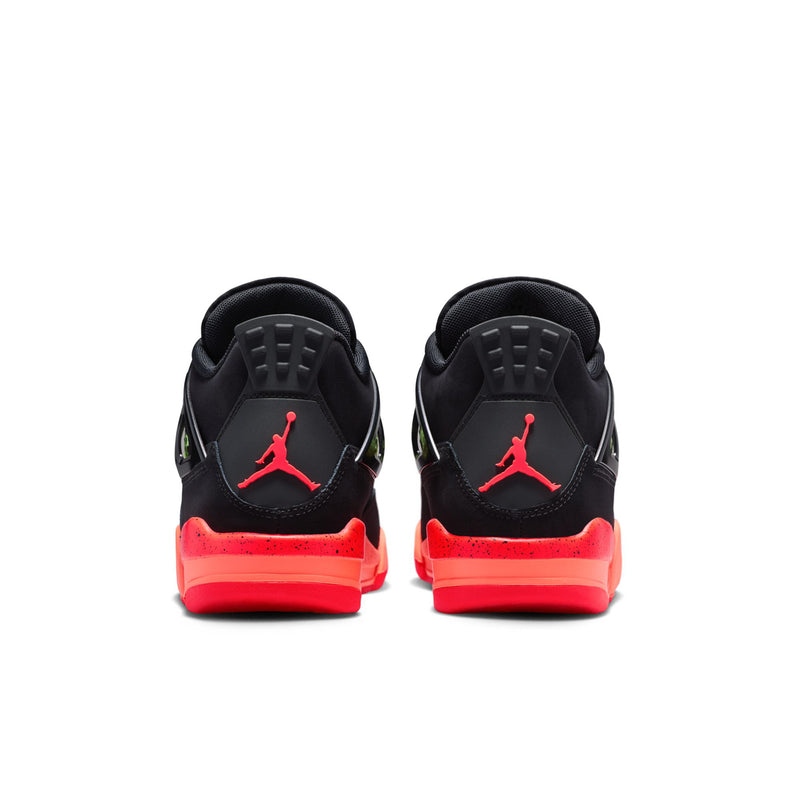 Youth black basketball sneakers with red-orange heel and Air Jordan logo