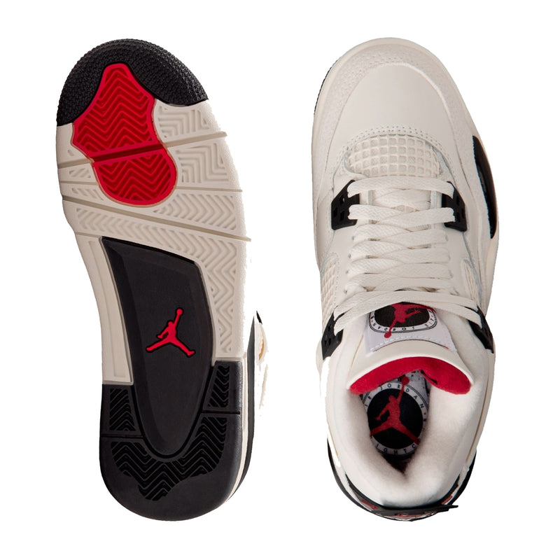 Youth sneaker outsole and top view, white upper with black and red accents
