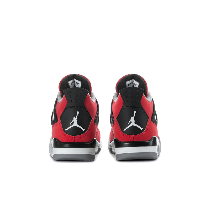 Youth red sneakers, black heel tabs with Jumpman logo, gray sole