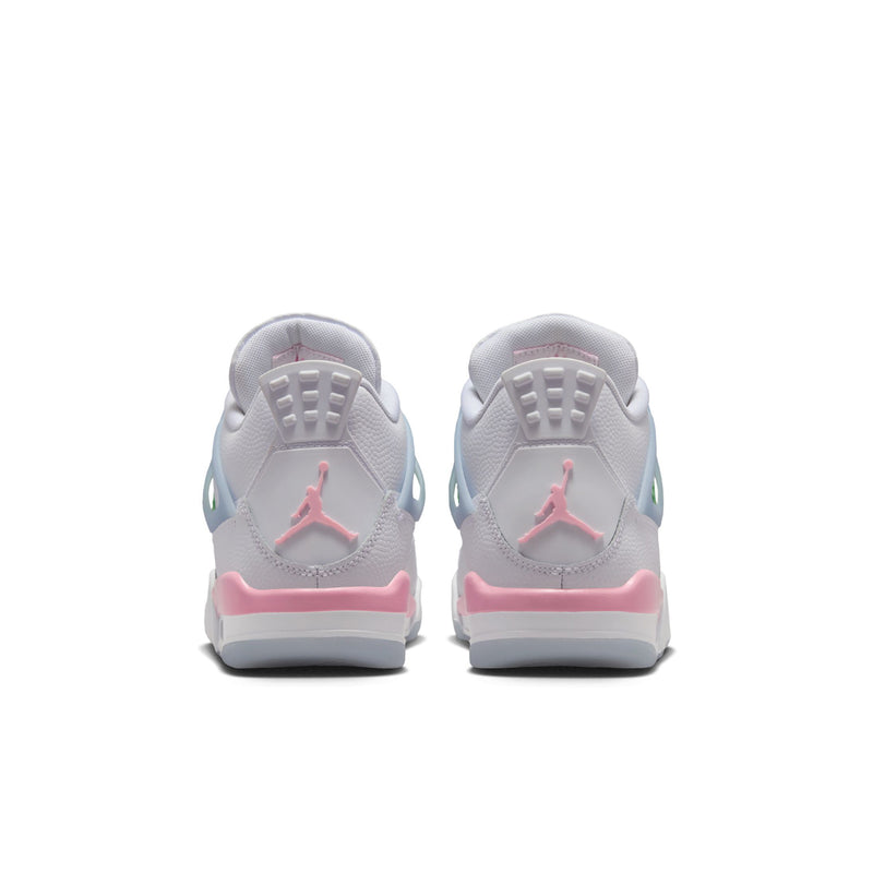 Youth sneakers from heel: white leather with green details, light blue accents, pink Jumpman logo.