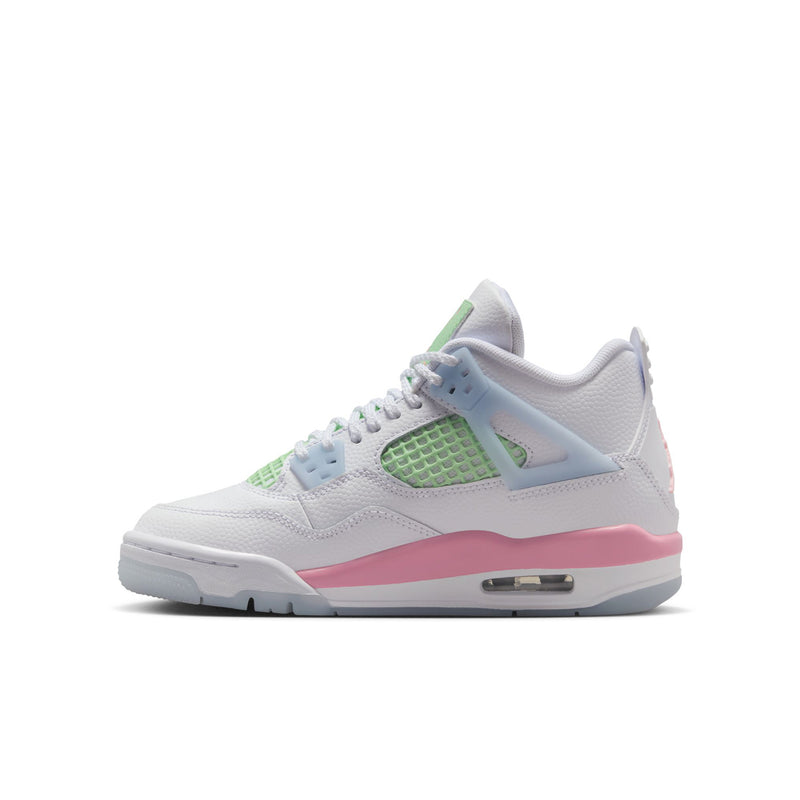 White youth sneakers with light blue, green, and pink color blocking; lace-up with padded collar.