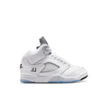 Kids white high-top sneakers with black Jumpman logo and light blue outsole
