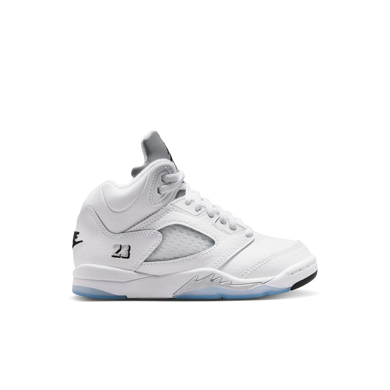 Kids white high-top sneakers with black Jumpman logo and light blue outsole