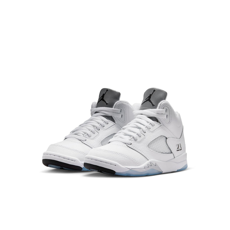 Kids white high-top sneakers with black Jumpman on tongue and light blue outsole