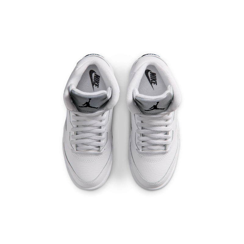 Kids white sneakers, top view with gray lining and black logo on tongue