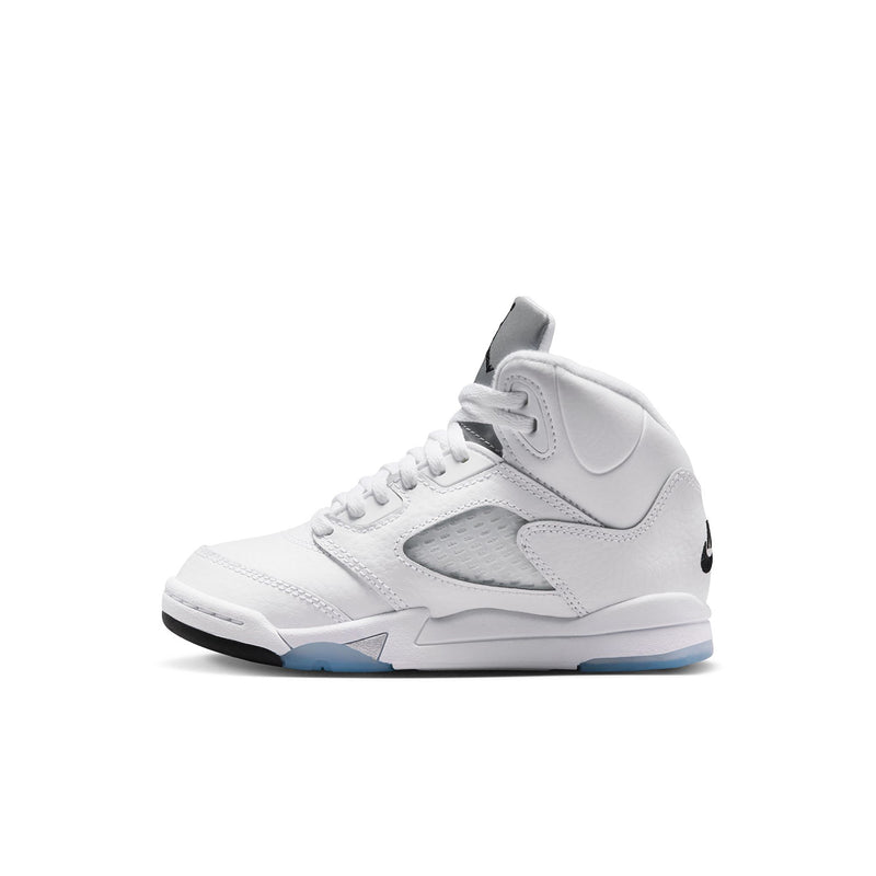 Kids white high-top sneakers with gray panel, black side logo, light blue sole