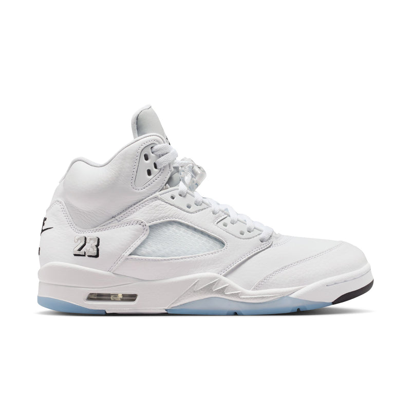 Men's Retro 5 mid-top sneaker in white leather with black accents and lace-up design