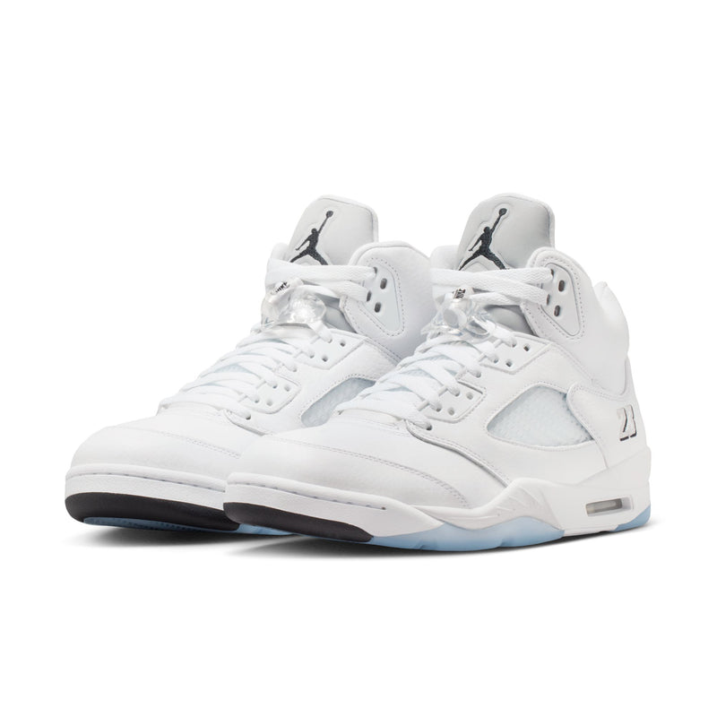 Men's Retro 5 low-profile mid-top sneaker in white with lace-up front and Jumpman logos