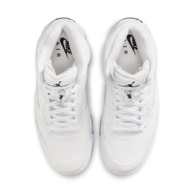 Men's Retro 5 white lace-up sneakers, twin pair view showing padded collars and eyelets