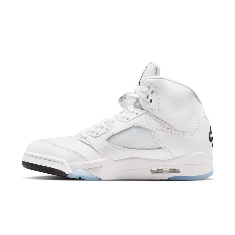 Men's Retro 5 white mid-top sneaker with side panels, lace-up closure, and dark swoosh