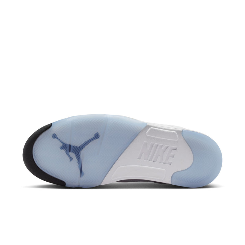 Men's Retro 5 outsole view with blue-tinted rubber tread and NIKE branding on the footbed
