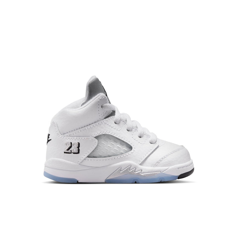 Toddler white high-top sneakers with 23 emblem, Nike Air-style side detailing, blue sole