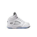 Toddler white high-top sneakers with 23 emblem, Nike Air-style side detailing, blue sole