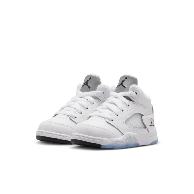 Toddler pair of white high-top sneakers with gray/black logos and blue outsole