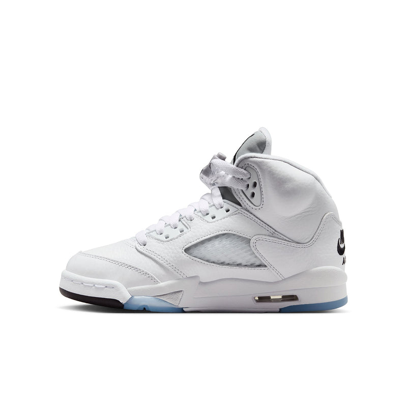 Youth white high-top sneakers with grey accents, lace-up, and light blue sole