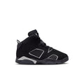 Kids black high-top sneakers with velcro strap and gray/white panel accents