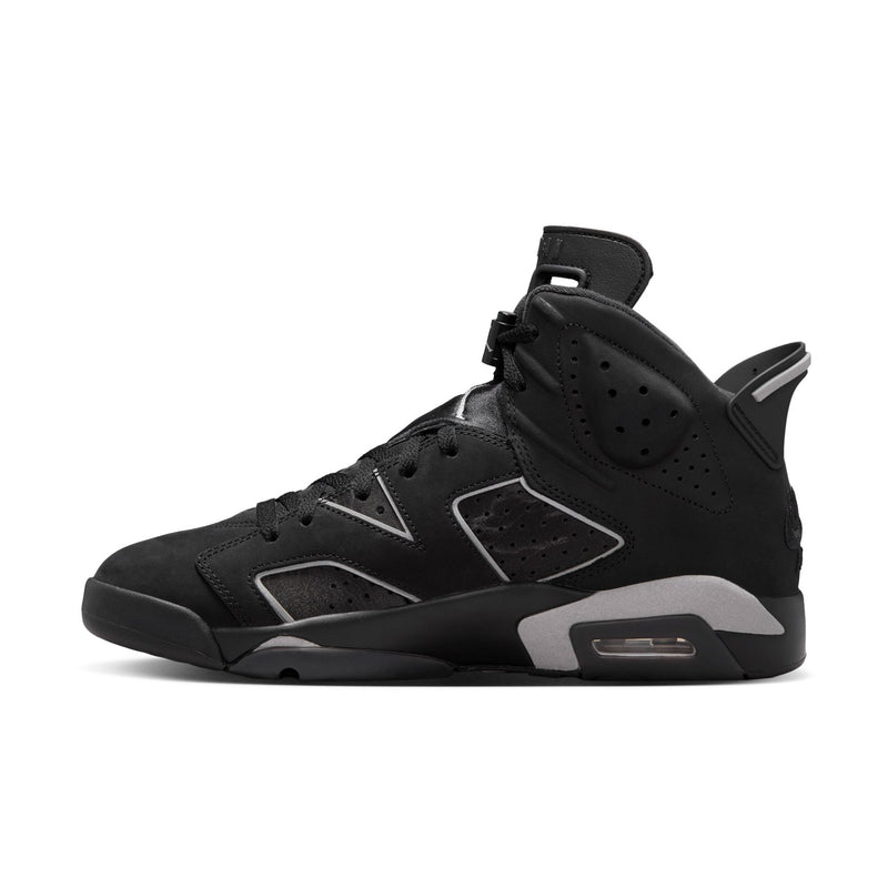 Men's black high-top sneakers, angled side view with perforated toe and eyestay