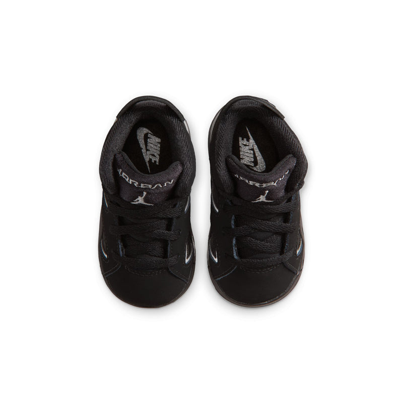 Black toddler sneakers shown from the front with lace-up and logo on the tongue lining