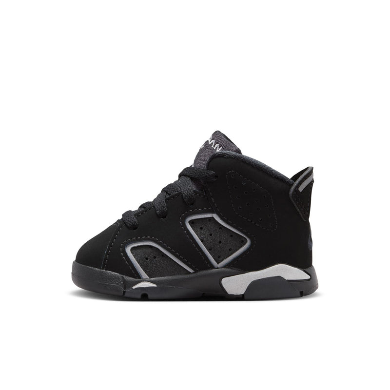 Black toddler sneaker side view with lace-up, perforated panel accents, and chunky sole