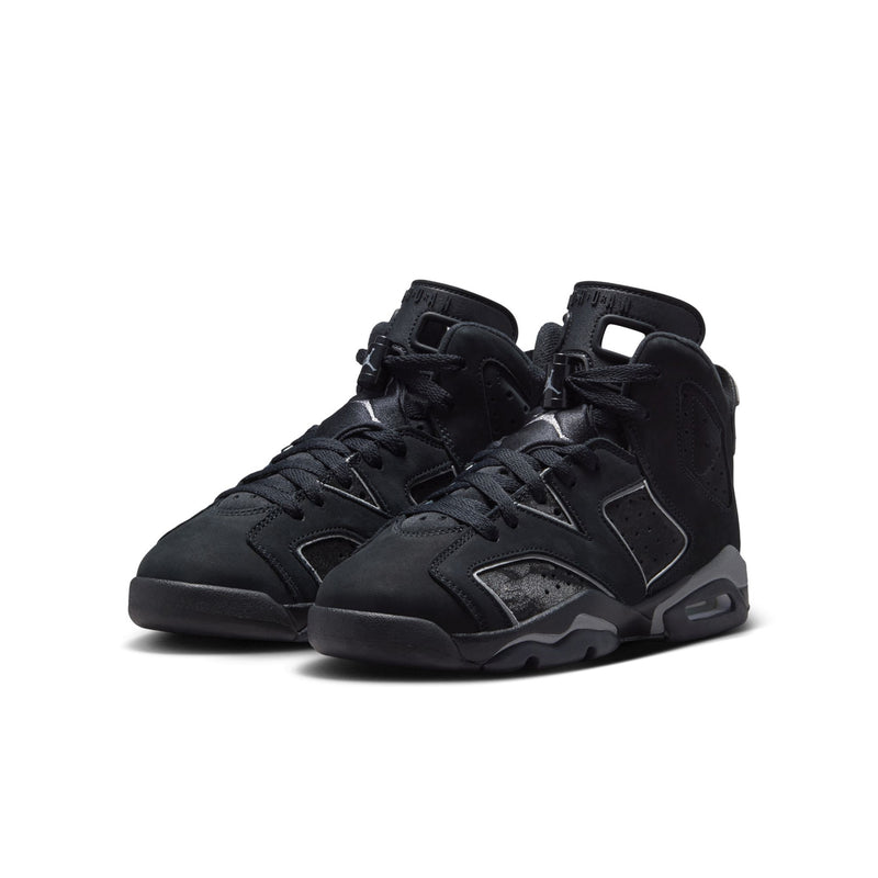 Youth black high-top sneakers, angled pair view