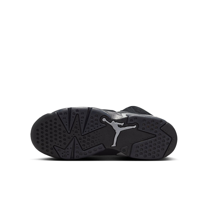Youth black high-top sneakers, treaded rubber outsole view