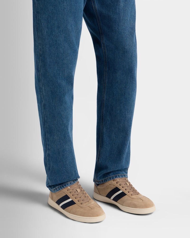 Retro Crest Sneaker in Beige Suede and Blue Leather