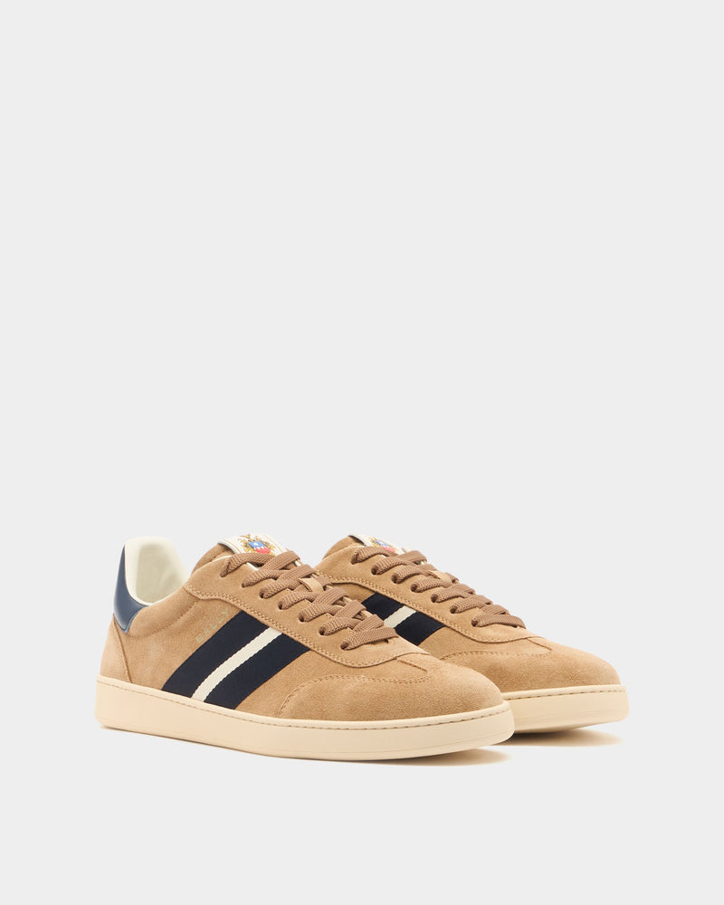 Retro Crest Sneaker in Beige Suede and Blue Leather