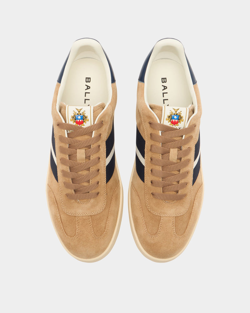 Retro Crest Sneaker in Beige Suede and Blue Leather