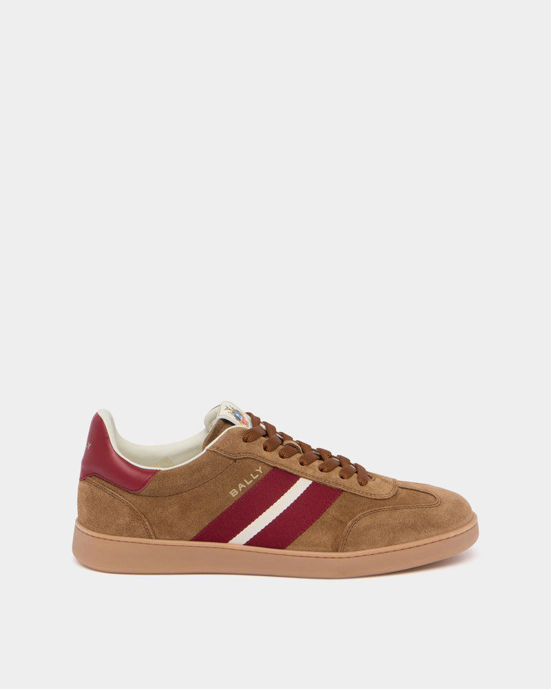 Retro Crest Sneaker in Beige Suede and Red Leather