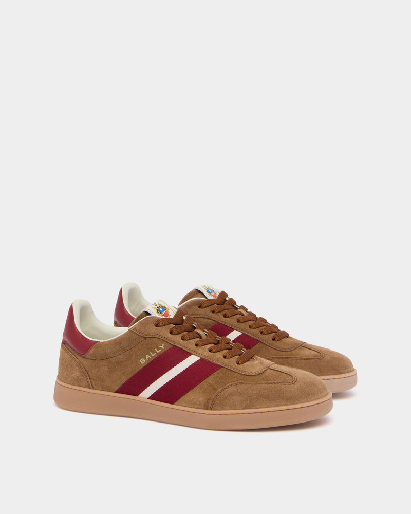 Retro Crest Sneaker in Beige Suede and Red Leather