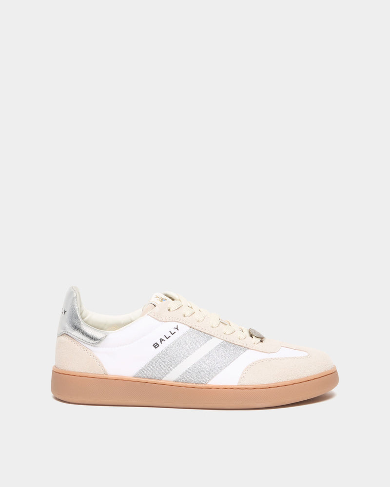 Retro Crest Sneaker in White and Silver Fabric and Leather