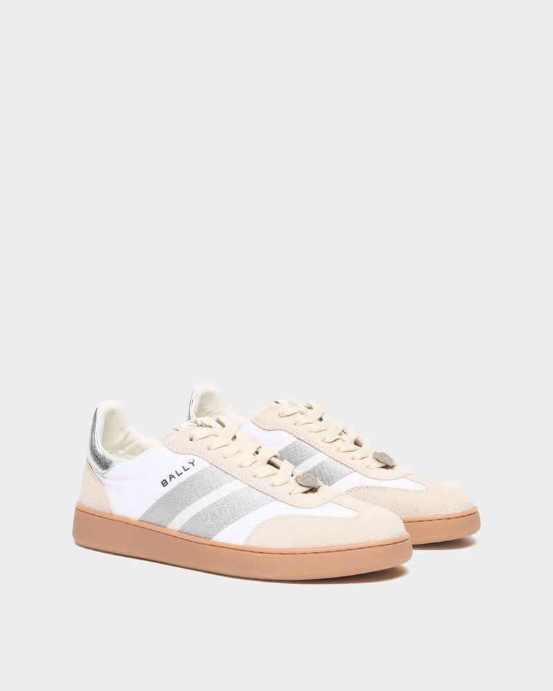 Retro Crest Sneaker in White and Silver Fabric and Leather