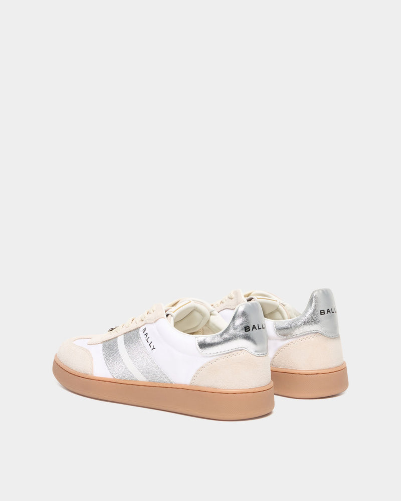 Retro Crest Sneaker in White and Silver Fabric and Leather